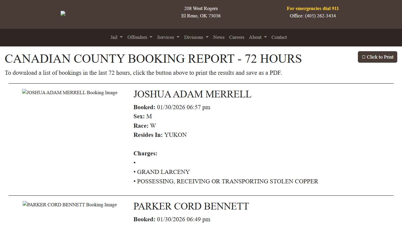 72 Hour Booking Report Canadian County Sheriff's Office